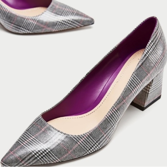 Zara Checkered Plaid Block Heel Pointed Toe Pumps Size - Picture 2 of 13